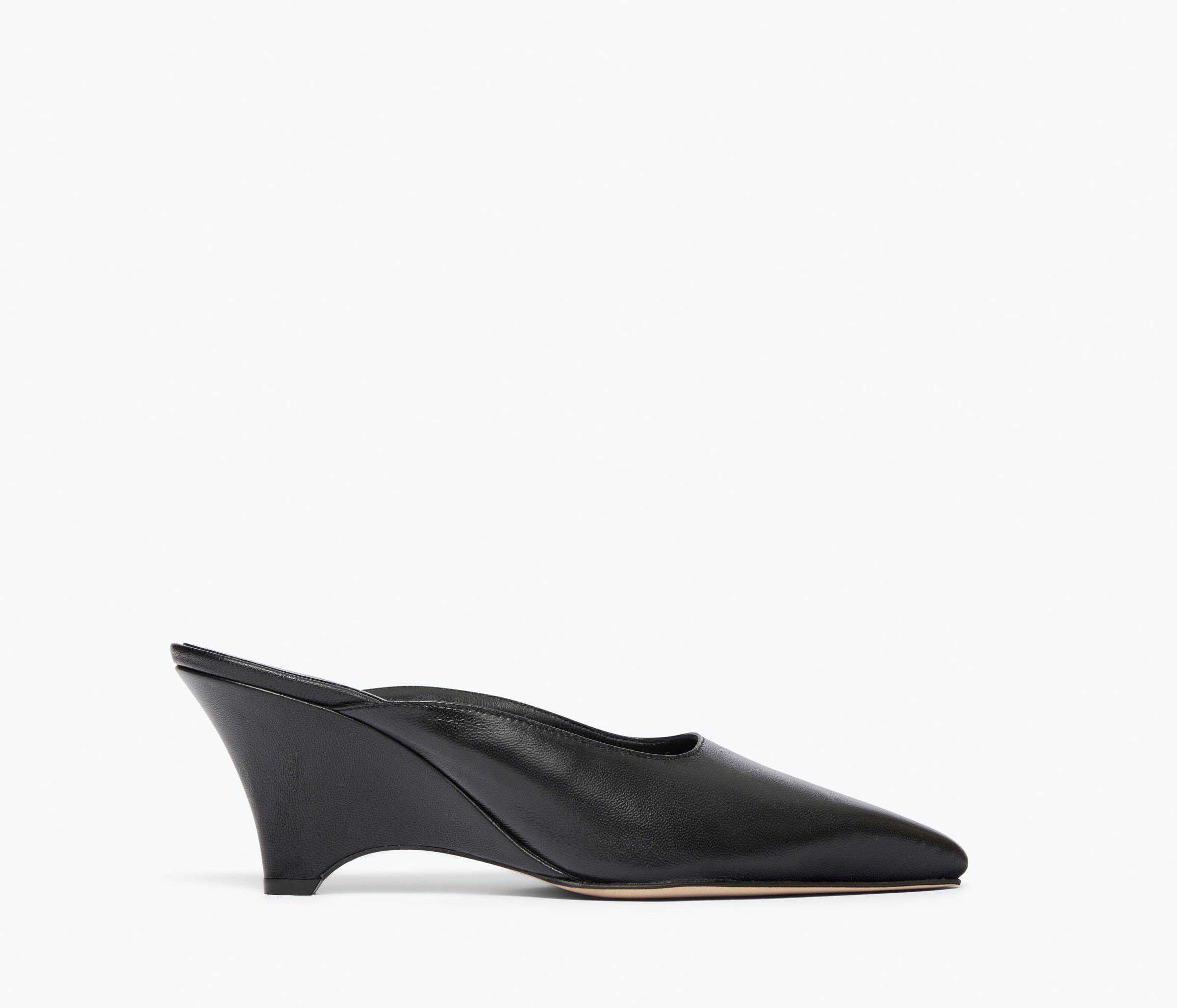 PEYTON mid heel wedge mule in black nappa leather, front view