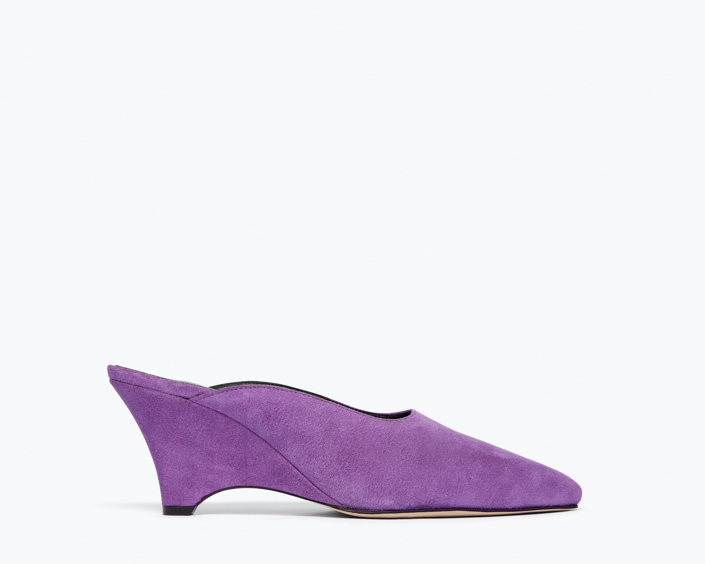 PEYTON mid heel wedge mule in purple suede, front view