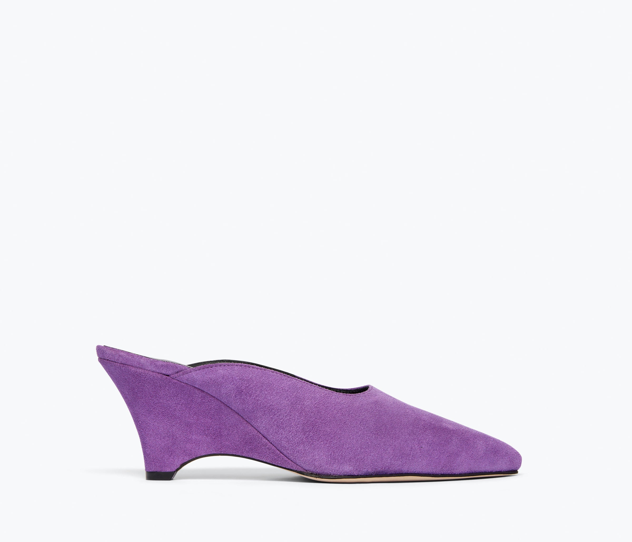 PEYTON mid heel wedge mule in purple suede, front view