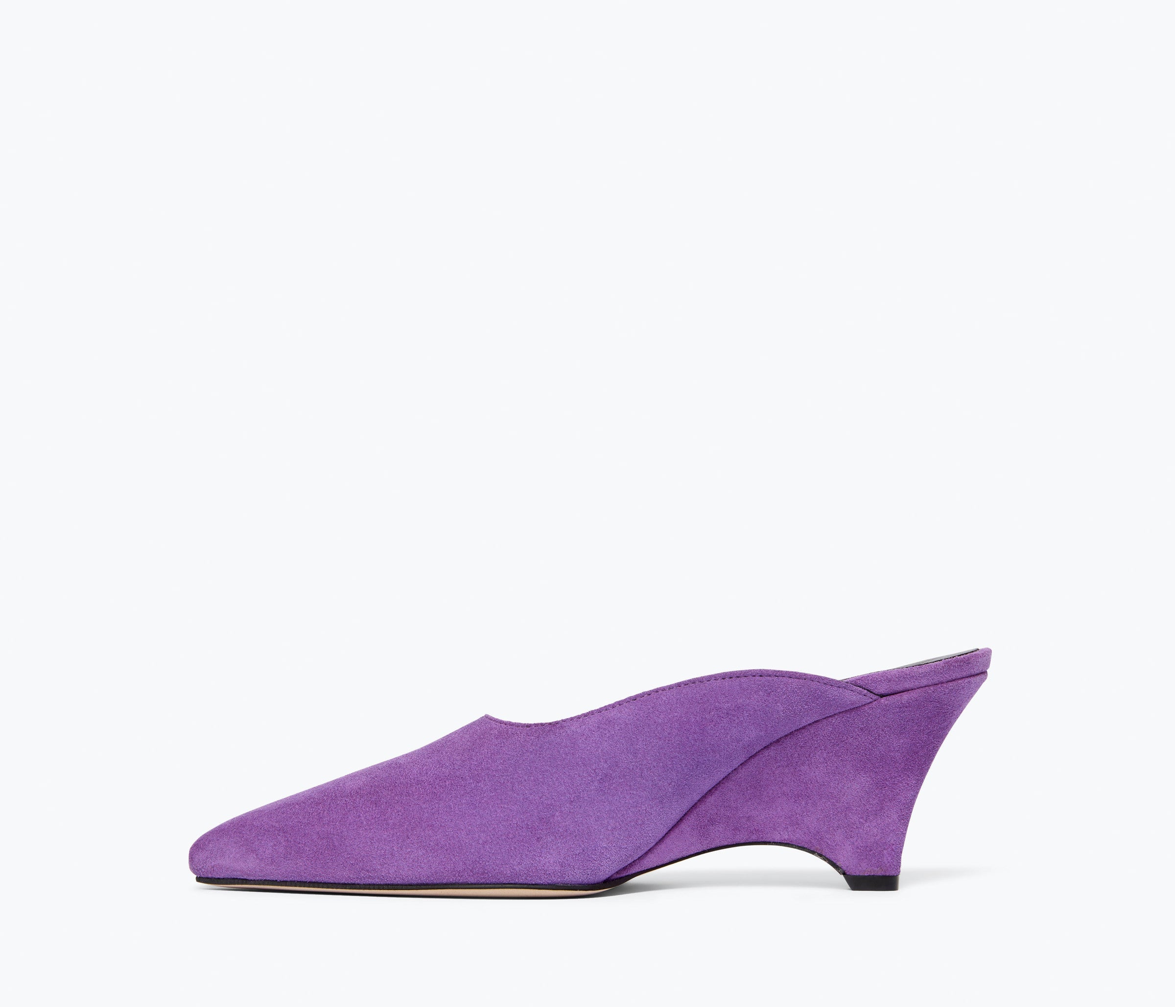 PEYTON mid heel wedge mule in purple suede, inside view