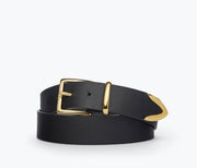 Freda Salvador Randy Belt in gold showing front view with sleek design and buckle detail.