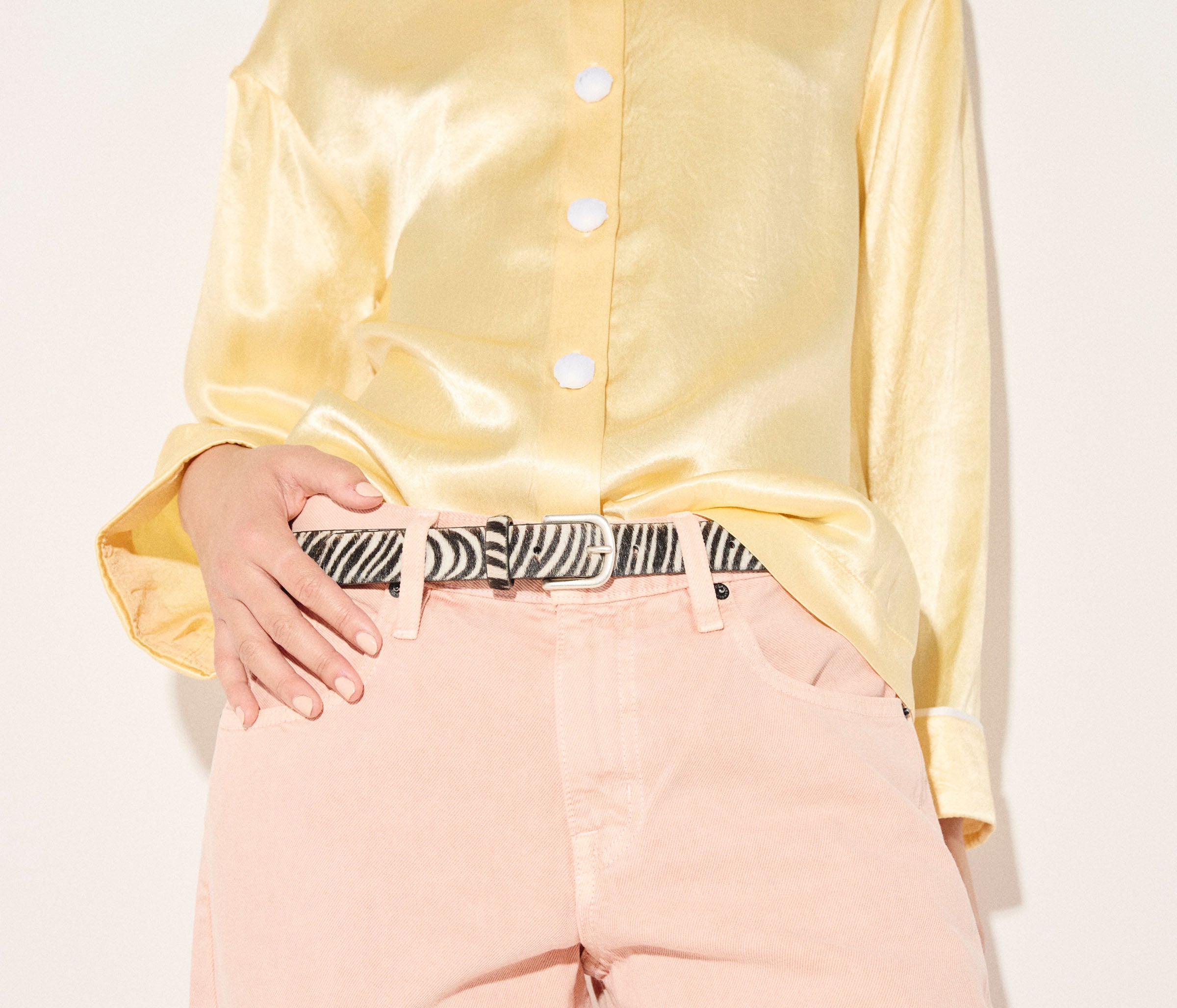Freda Salvador Rebecca belt with zebra print and hair-textured strap, stylish accessory for casual and dressy outfits.
