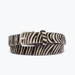 Freda Salvador Rebecca belt in zebra hair calf leather with front view showing sleek, textured animal print design.