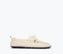 Freda Salvador RIA soft boat shoe loafer in vanilla nappa leather, front view showing sleek design and smooth leather finish.