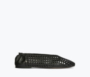 Black Freda Salvador Riley open weave ballet flat shown from the front, featuring a sleek, breathable design with a rounded toe.