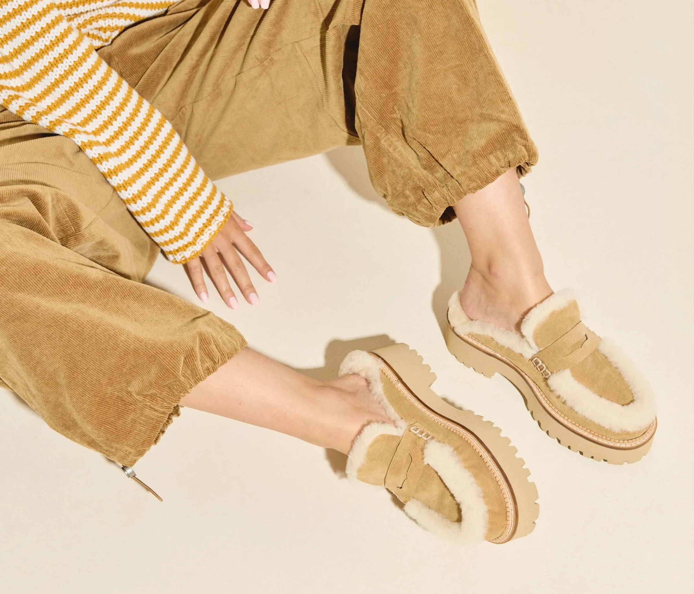 ROSA lug loafer mule in Hazel Suede with Shearling, side view
