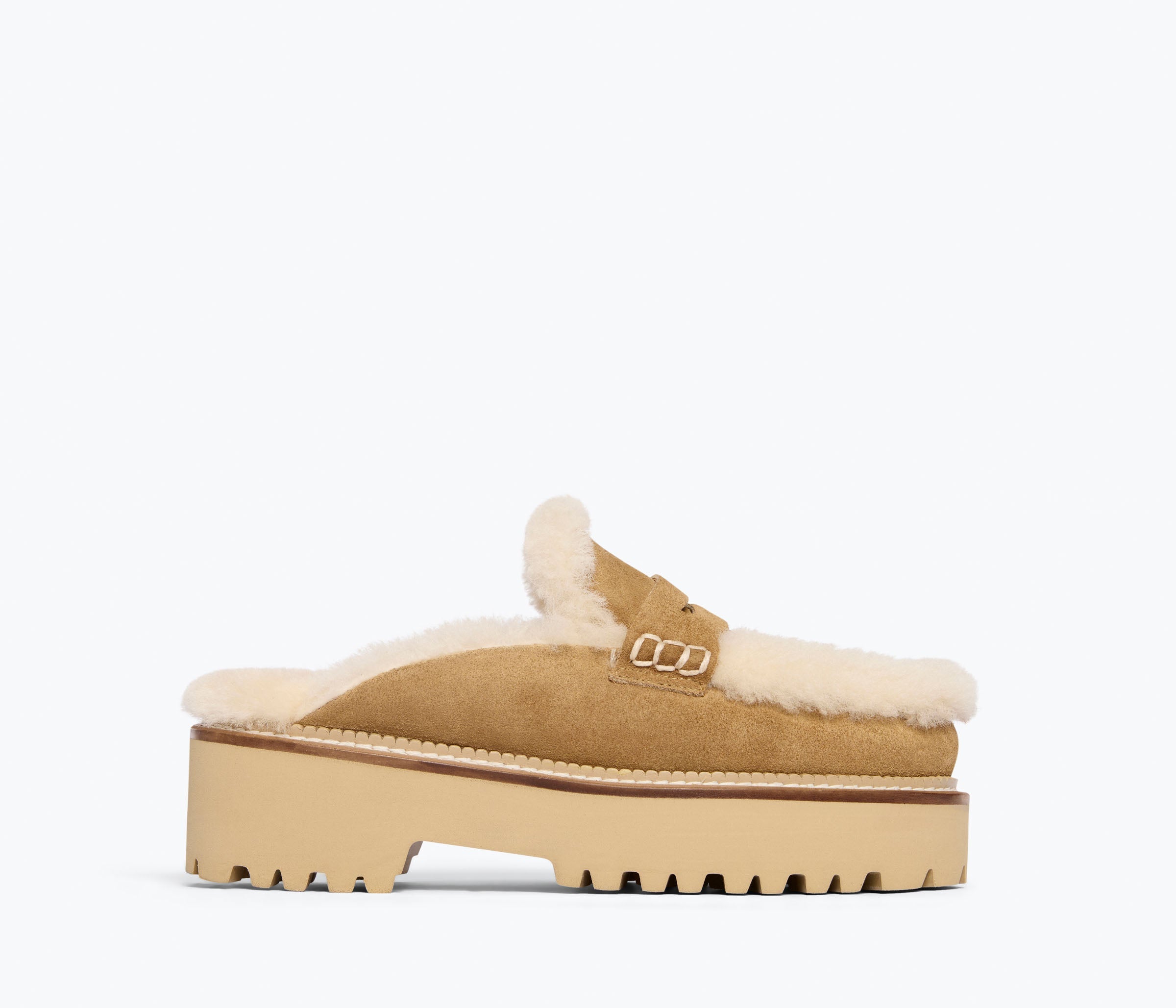 ROSA lug loafer mule in Hazel Suede with Shearling, front view