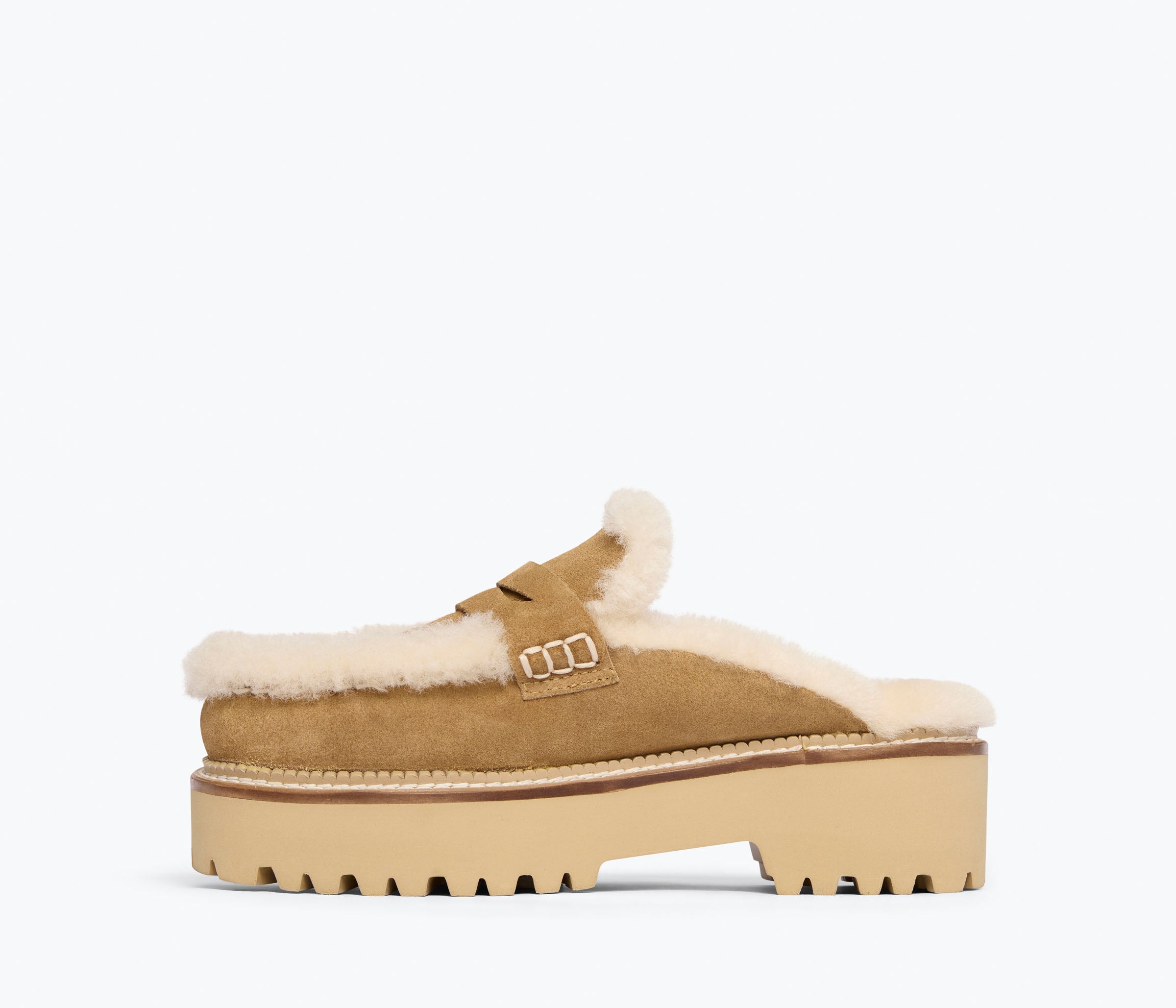 ROSA lug loafer mule in Hazel Suede with Shearling, inside view