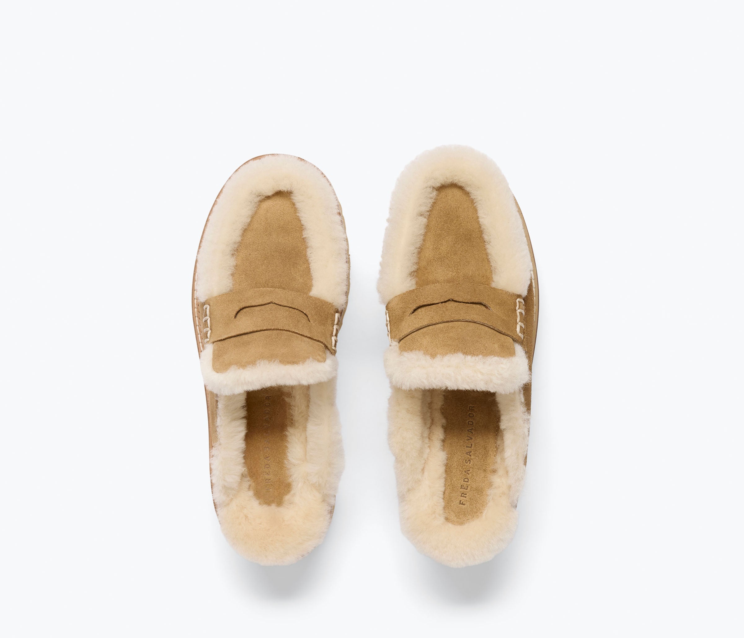 ROSA lug loafer mule in Hazel Suede with Shearling, top view