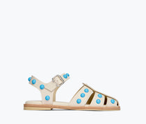 Freda Salvador SERA fisherman sandal in bone and calf blue with stones, featuring a front view of the stylish open-toe sandal.