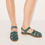 Fredas Salvador SERA fisherman sandal in lush emerald suede with a sleek design and comfortable strap details.