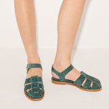Fredas Salvador SERA fisherman sandal in lush emerald suede with a sleek design and comfortable strap details.