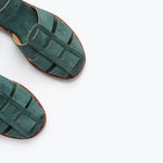 Freda Salvador SERA Fisherman Sandal in emerald suede with detailed stitching and open toe design.