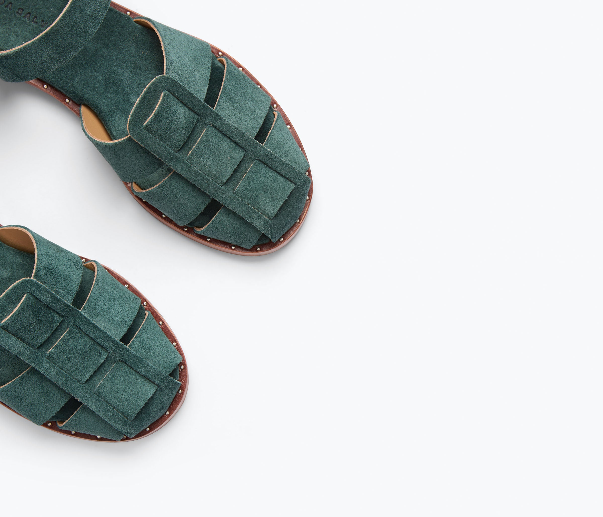 Freda Salvador SERA Fisherman Sandal in emerald suede with detailed stitching and open toe design.