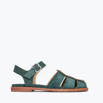 Fred Salvador SERA Fisherman Sandal in emerald suede, front view showing the stylish straps and textured material.