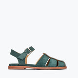 Fred Salvador SERA Fisherman Sandal in emerald suede, front view showing the stylish straps and textured material.