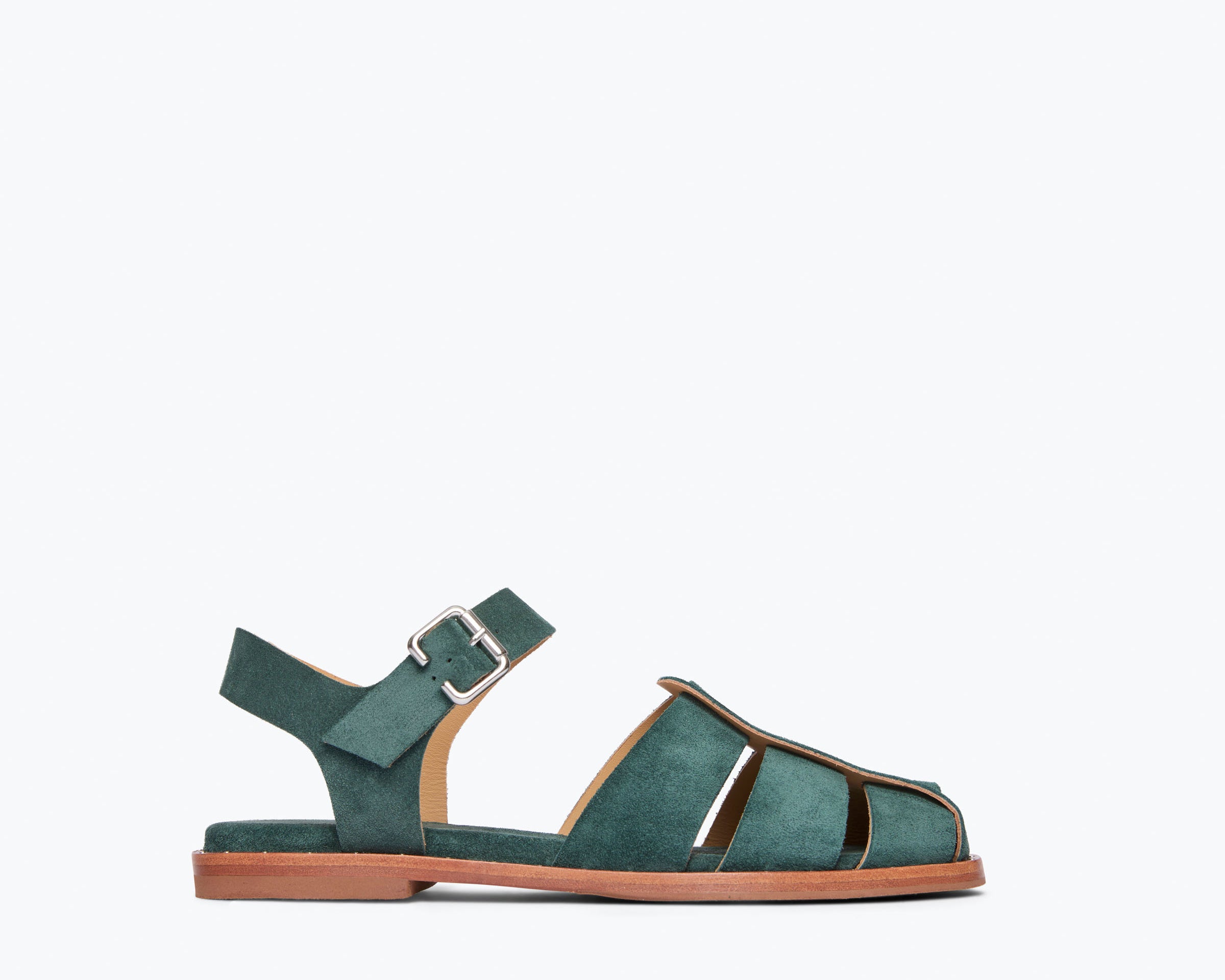 Fred Salvador SERA Fisherman Sandal in emerald suede, front view showing the stylish straps and textured material.