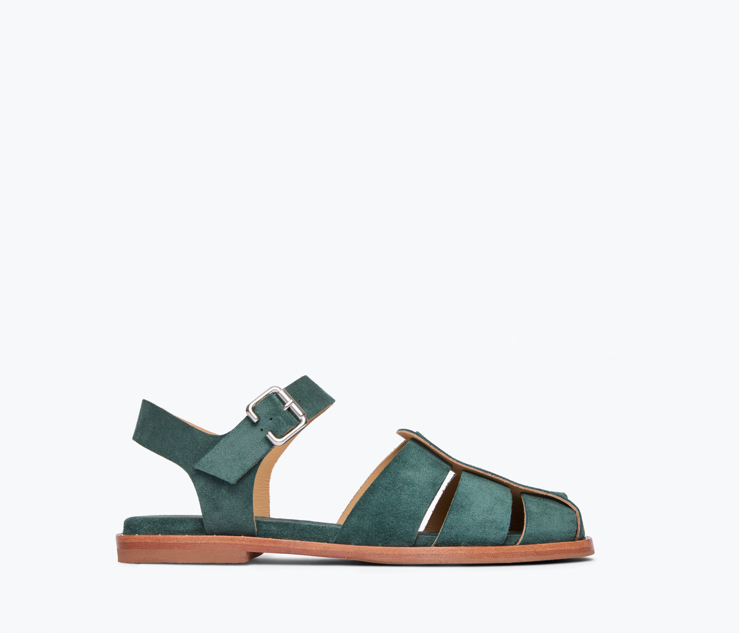 Fred Salvador SERA Fisherman Sandal in emerald suede, front view showing the stylish straps and textured material.