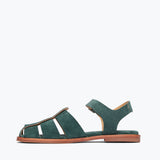 Freda Salvador SERA Fisherman Sandal in emerald suede, showing the inside view with detailed stitching and comfortable design.