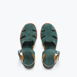 Fred Salvador SERA Fisherman Sandal in emerald suede, showcasing a stylish open-toe design with detailed straps and a comfortable sole.