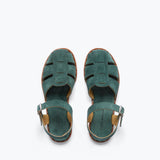 Fred Salvador SERA Fisherman Sandal in emerald suede, showcasing a stylish open-toe design with detailed straps and a comfortable sole.