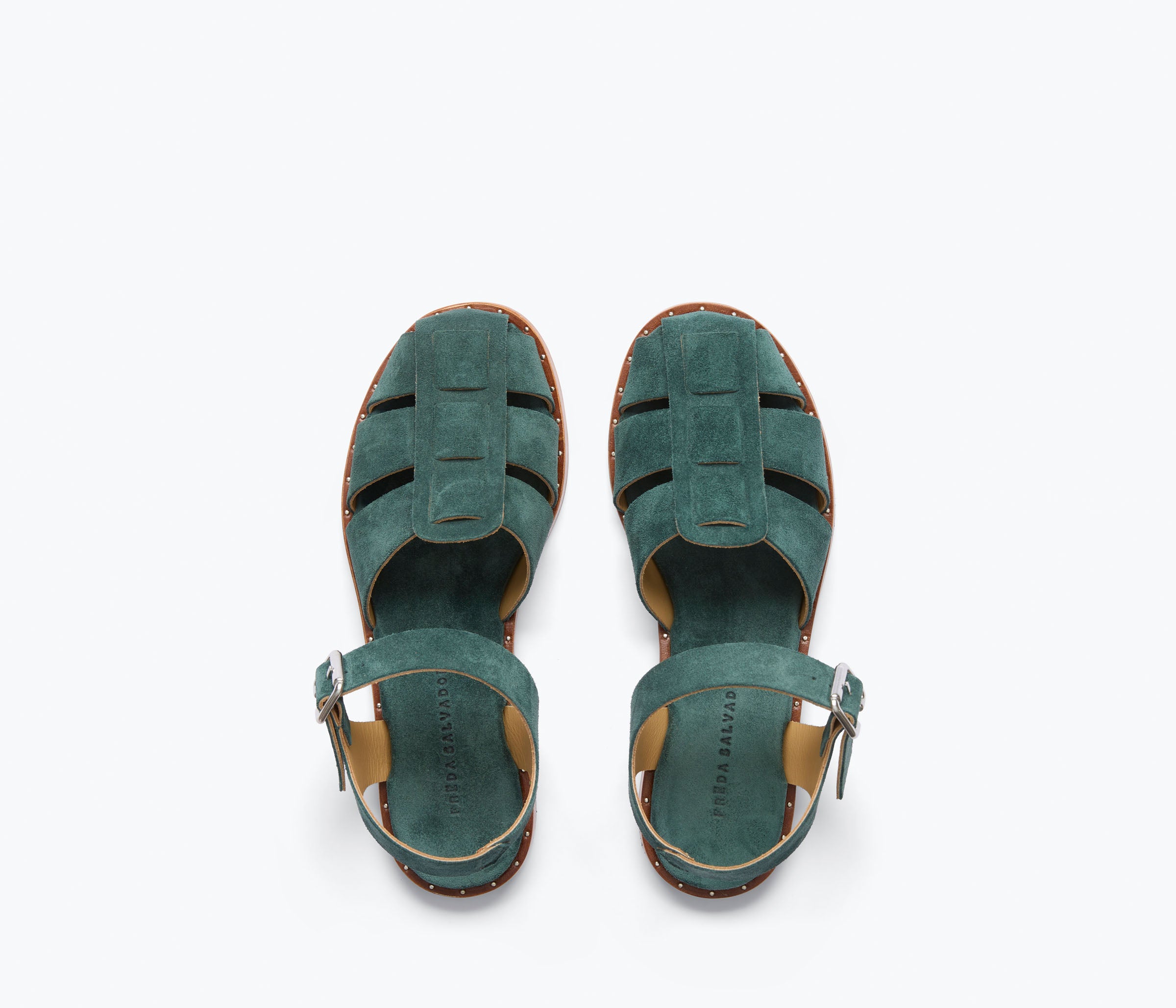 Fred Salvador SERA Fisherman Sandal in emerald suede, showcasing a stylish open-toe design with detailed straps and a comfortable sole.