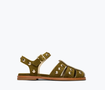Freda Salvador SERA Fisherman Sandal in olive suede with gold studs, showing front view of the stylish, open-toe design.