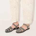 Freda Salvador Sera Fisherman Sandal with zebra hair calf leather straps and woven sole, stylish and comfortable footwear.