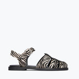 Fredaa Salvador Sera Fisherman Sandal in zebra hair calf with front view showing stylish strap design and textured finish.