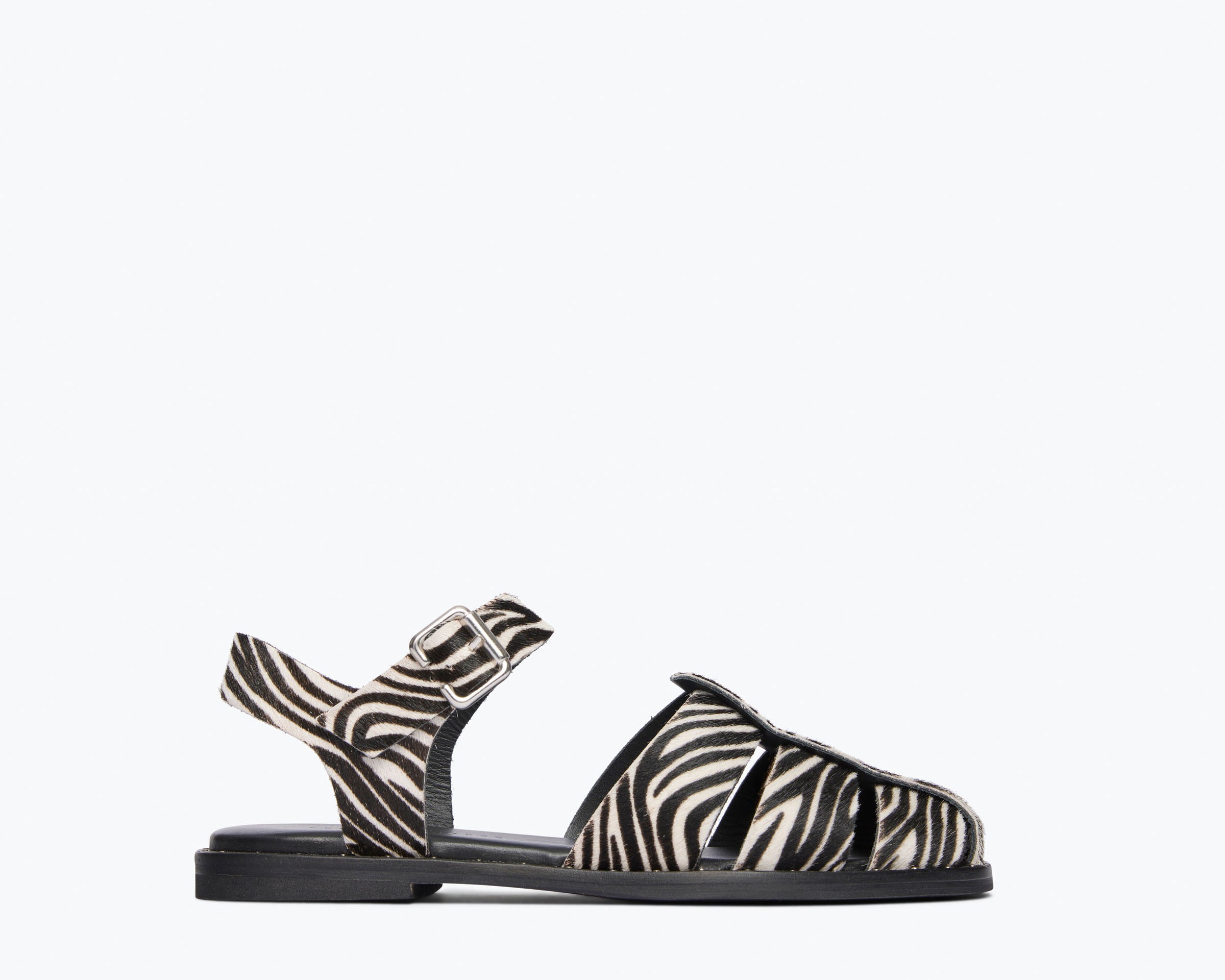 Fredaa Salvador Sera Fisherman Sandal in zebra hair calf with front view showing stylish strap design and textured finish.