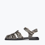 Freda Salvador SERA fisherman sandal with zebra hair calf leather, showing inside view of stylish, high-quality footwear.