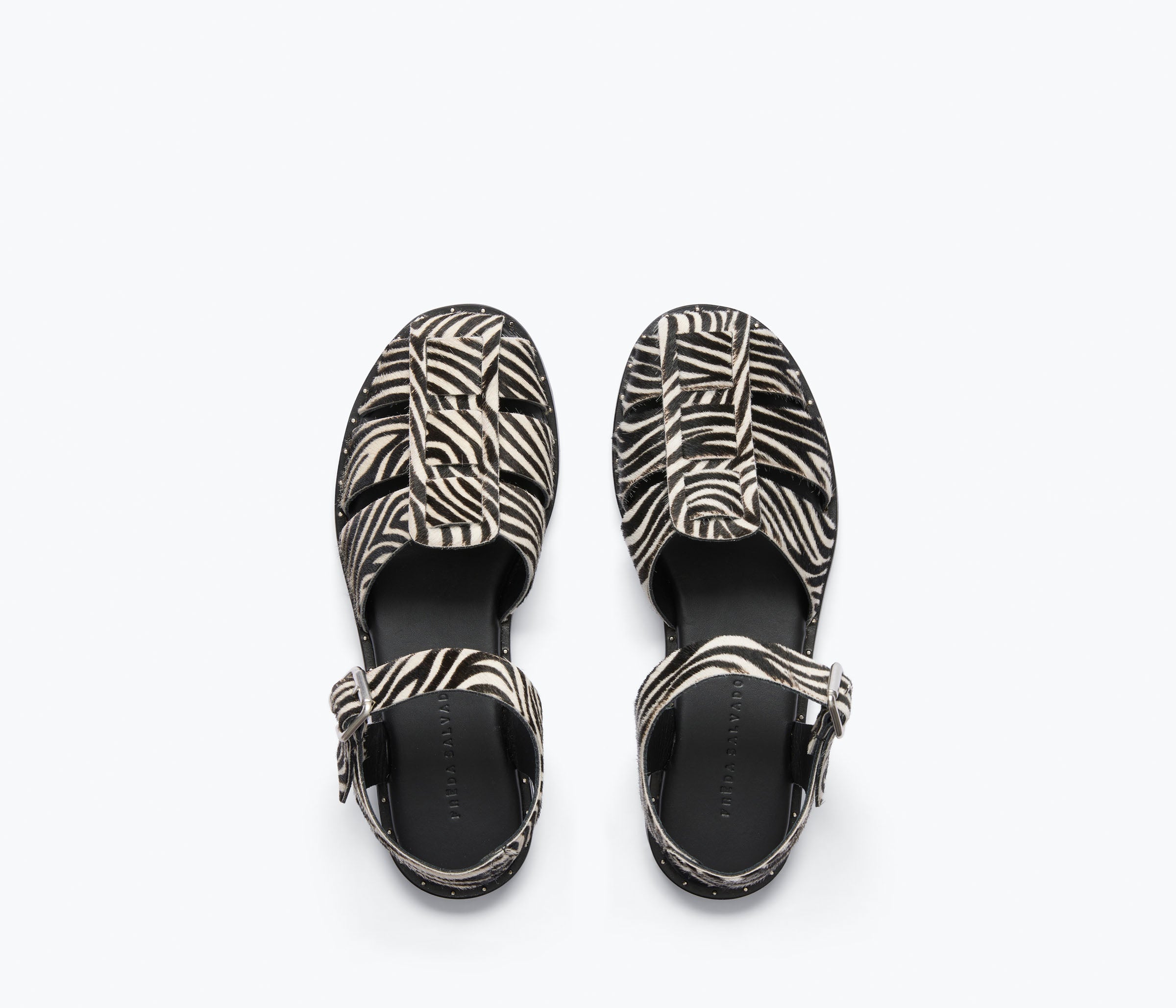 Freda Salvador SERA fisherman sandal with zebra print hair calf leather, showcasing stylish ankle strap design.