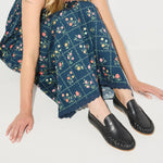 Black calf leather Sydney Ruched Penny Loafer sandal by FREDA SALVADOR with ruched detailing and classic slip-on style.