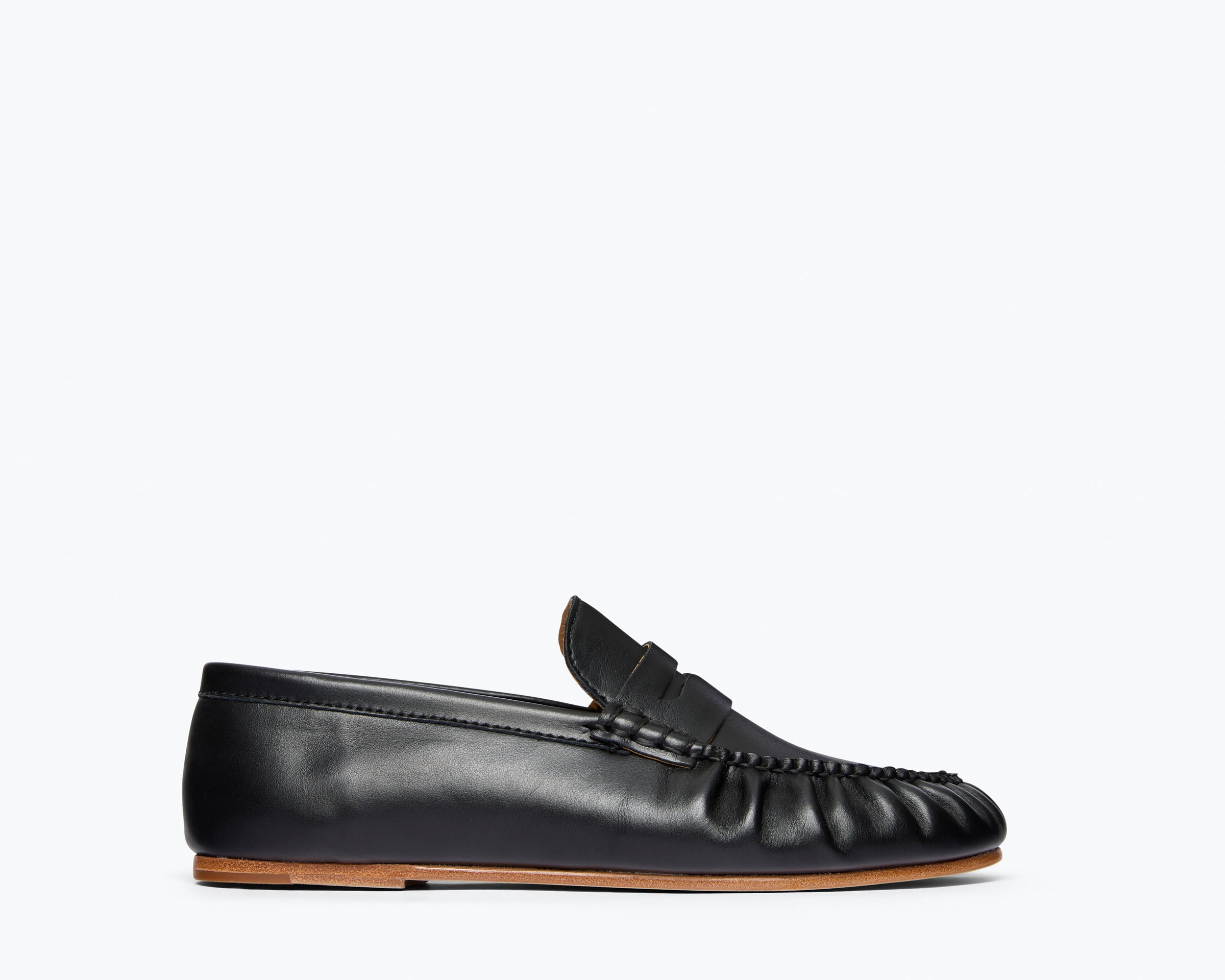 Black Sydney Ruched Penny Loafer sandal by Freda Salvador, featuring front view with ruched detailing and sleek design.