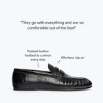 FREDA SALVADOR Sydney ruched penny loafer in black crinkle calf leather, feature map detailing