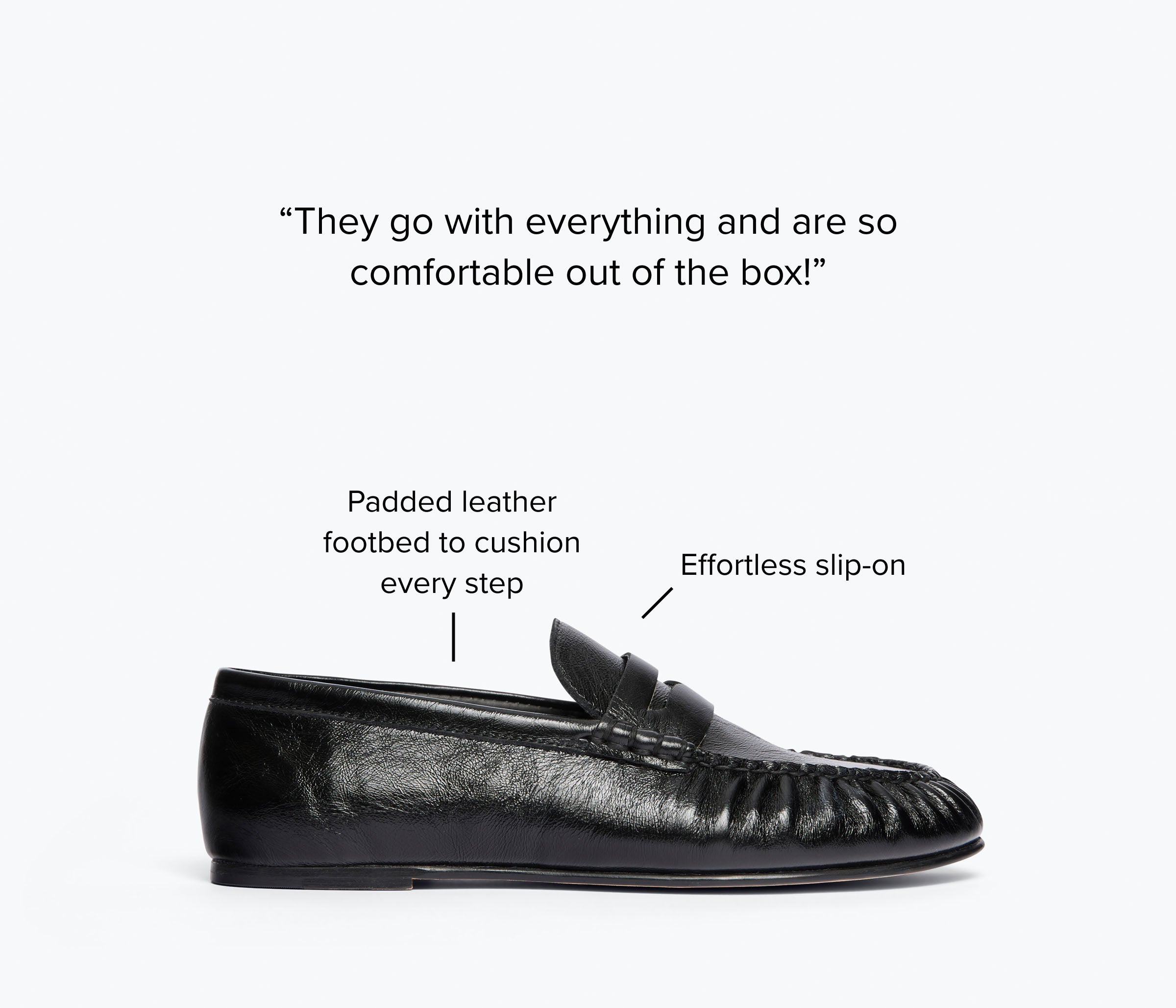 FREDA SALVADOR Sydney ruched penny loafer in black crinkle calf leather, feature map detailing