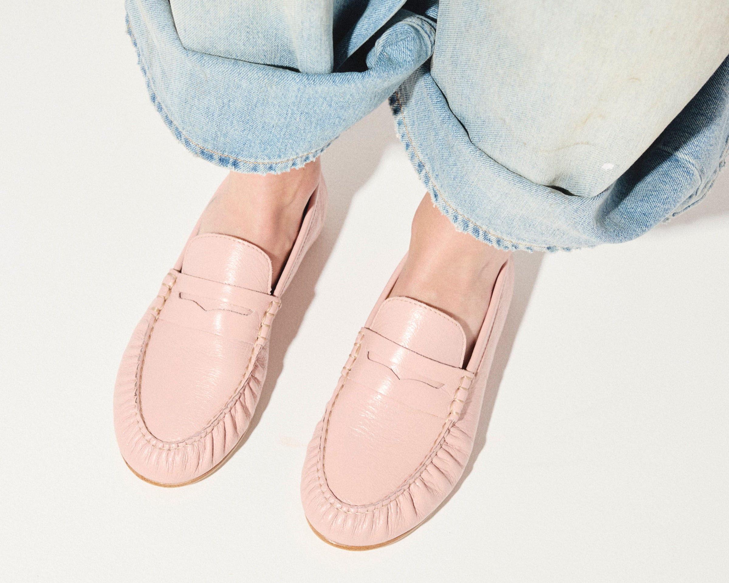 Blush Freda Salvador Sydney Ruched Penny Loafer with crinkled calf leather and elegant design, perfect for stylish casual wear.