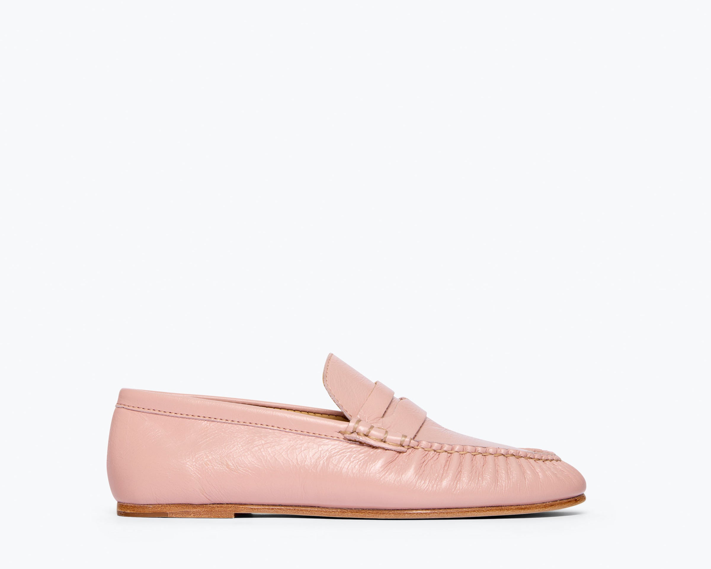 Freda Salvador Sydney Ruched Penny Loafer in blush krinkle calf leather, featuring a classic slip-on style with ruched detailing.
