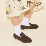 SYDNEY ruched penny loafer in espresso suede, on figure