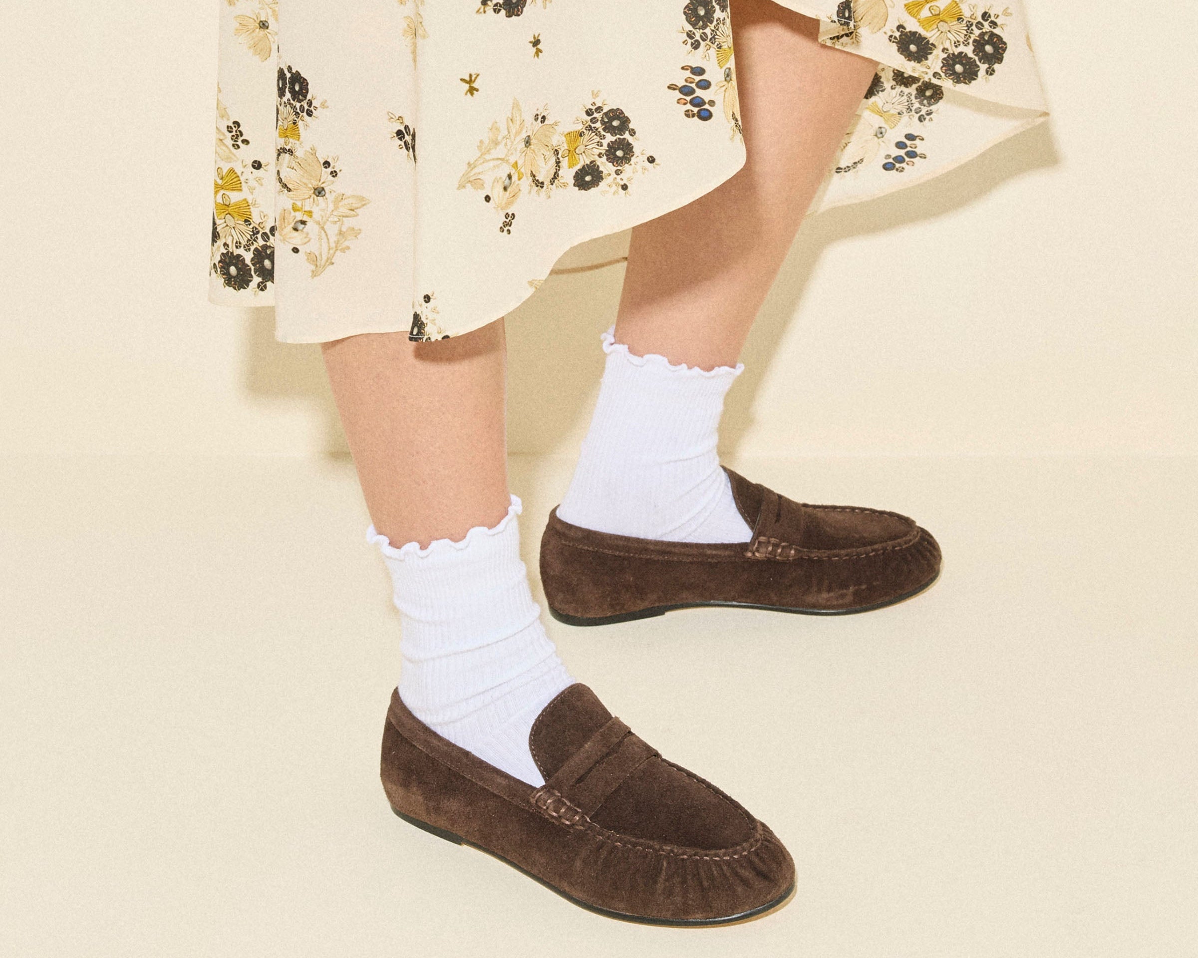 SYDNEY ruched penny loafer in espresso suede, on figure