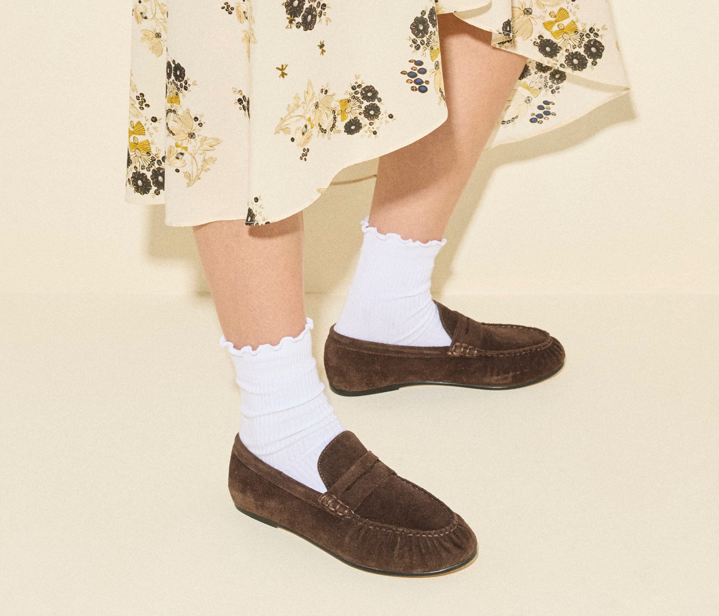 SYDNEY ruched penny loafer in espresso suede, on figure