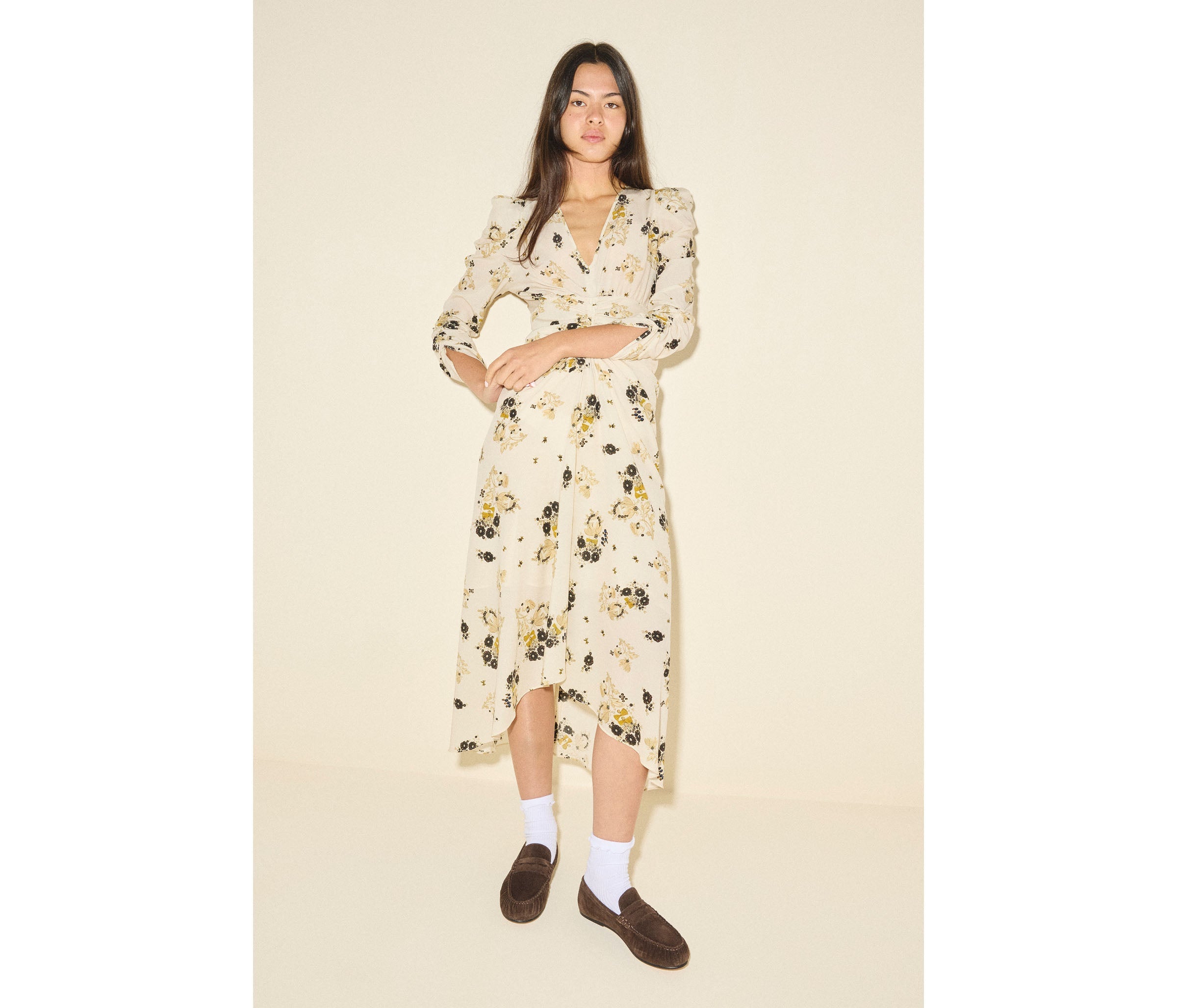 SYDNEY ruched penny loafer in espresso suede, styled on figure