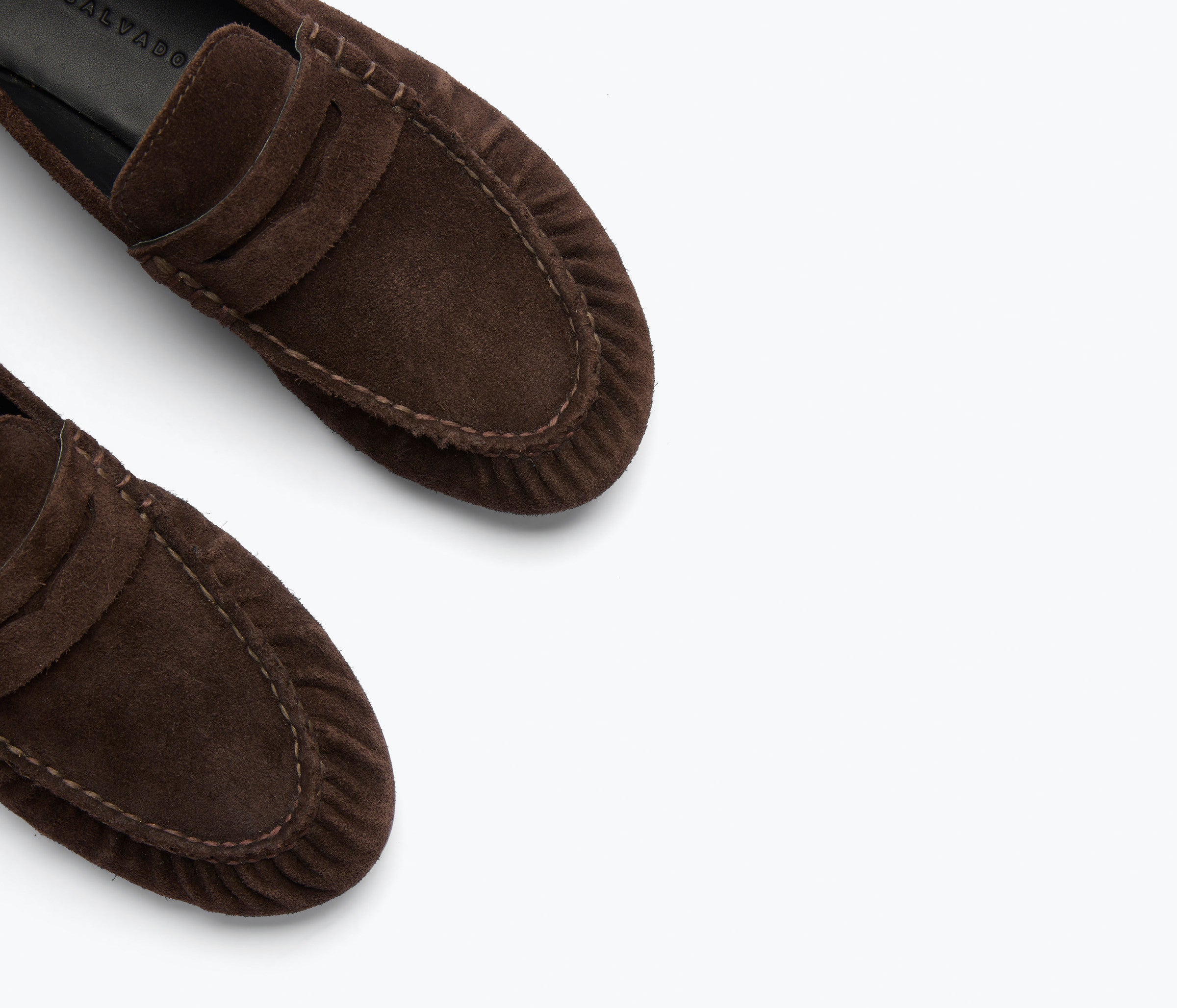 SYDNEY ruched penny loafer in espresso suede, detail view