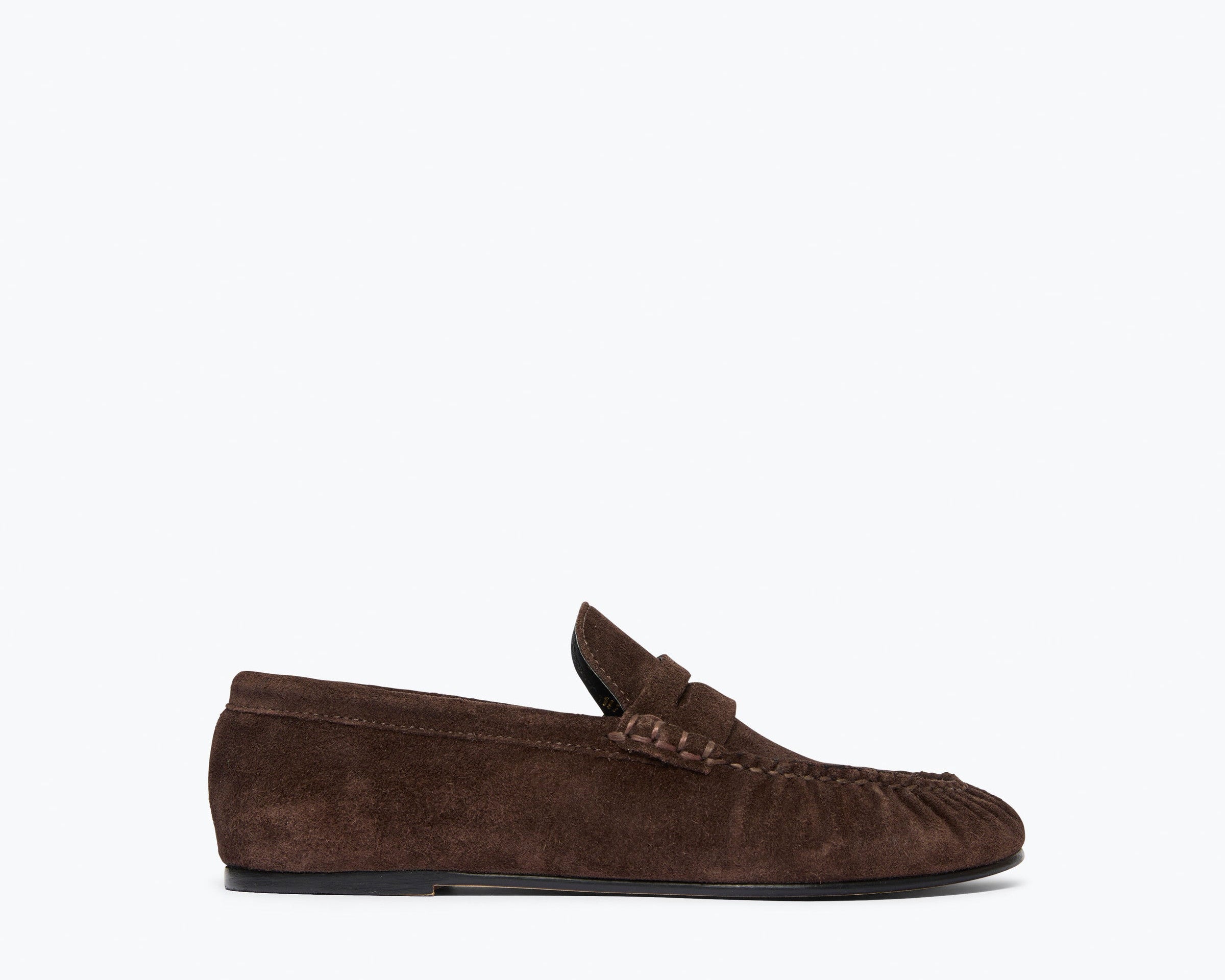 SYDNEY ruched penny loafer in espresso suede, front view