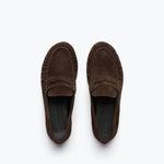 SYDNEY ruched penny loafer in espresso suede, top view