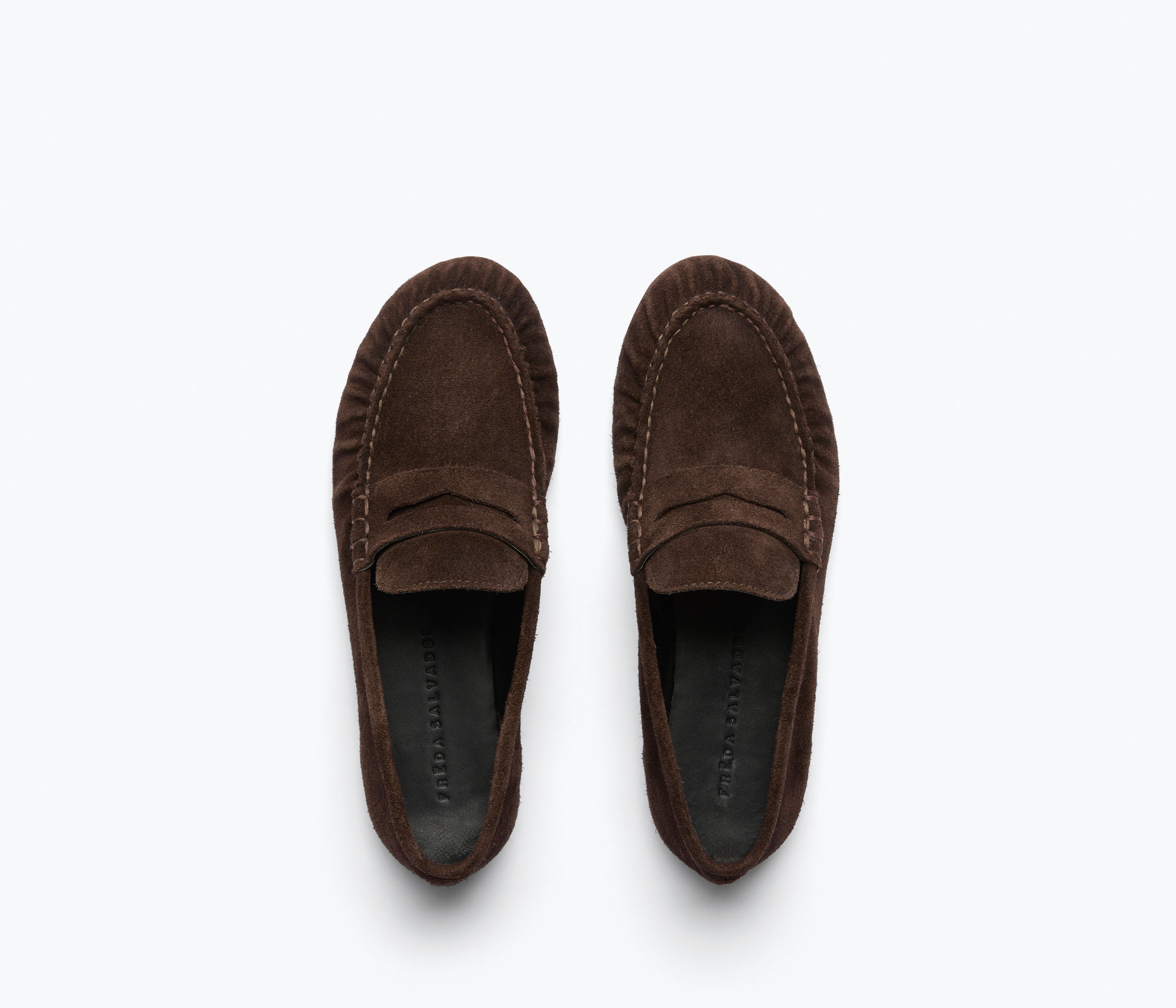 SYDNEY ruched penny loafer in espresso suede, top view