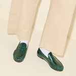 SYDNEY ruched penny loafer in everest crinkle calf leather, on figure