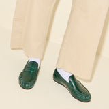 SYDNEY ruched penny loafer in everest crinkle calf leather, on figure