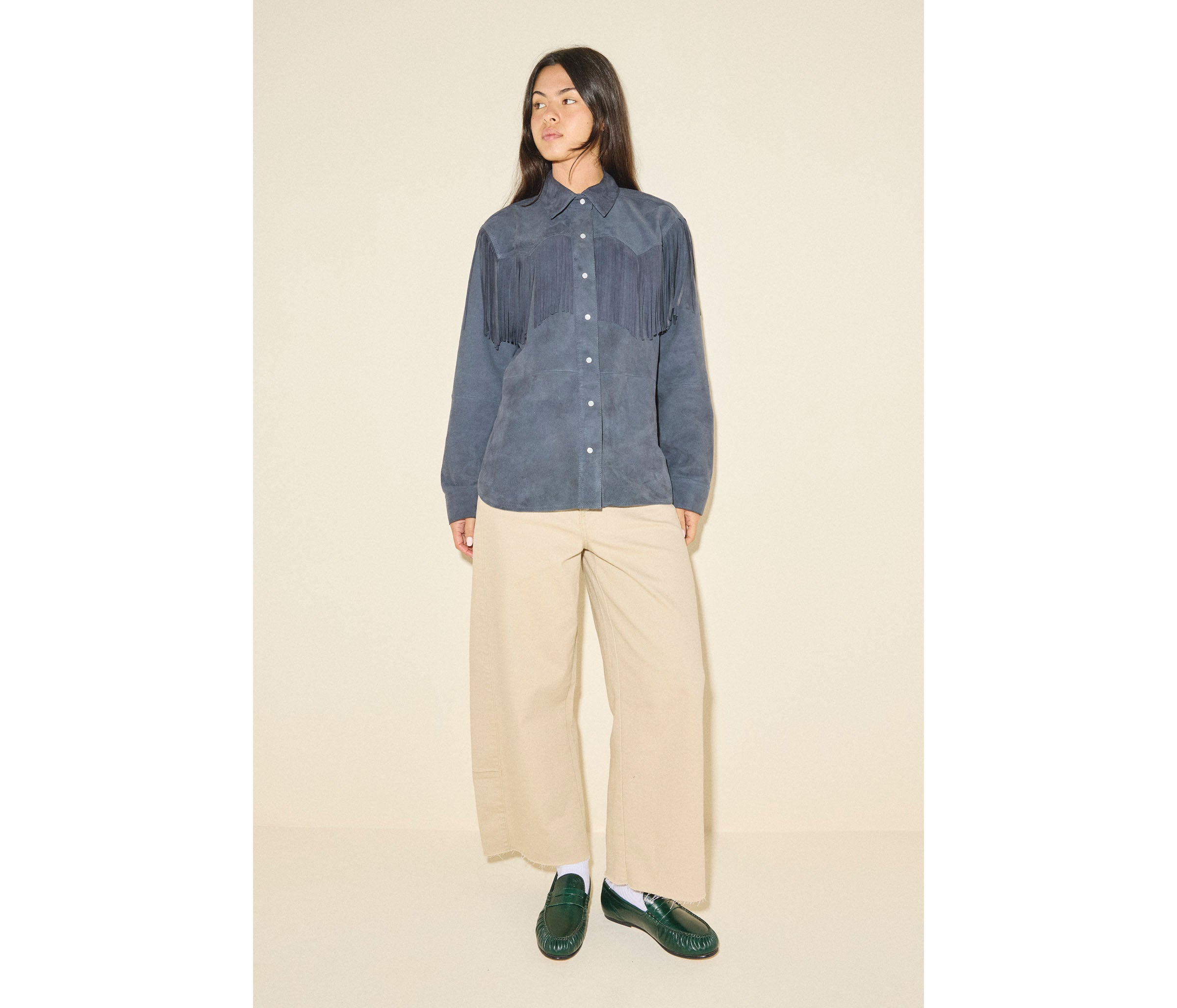 SYDNEY ruched penny loafer in everest crinkle calf leather, styled on figure