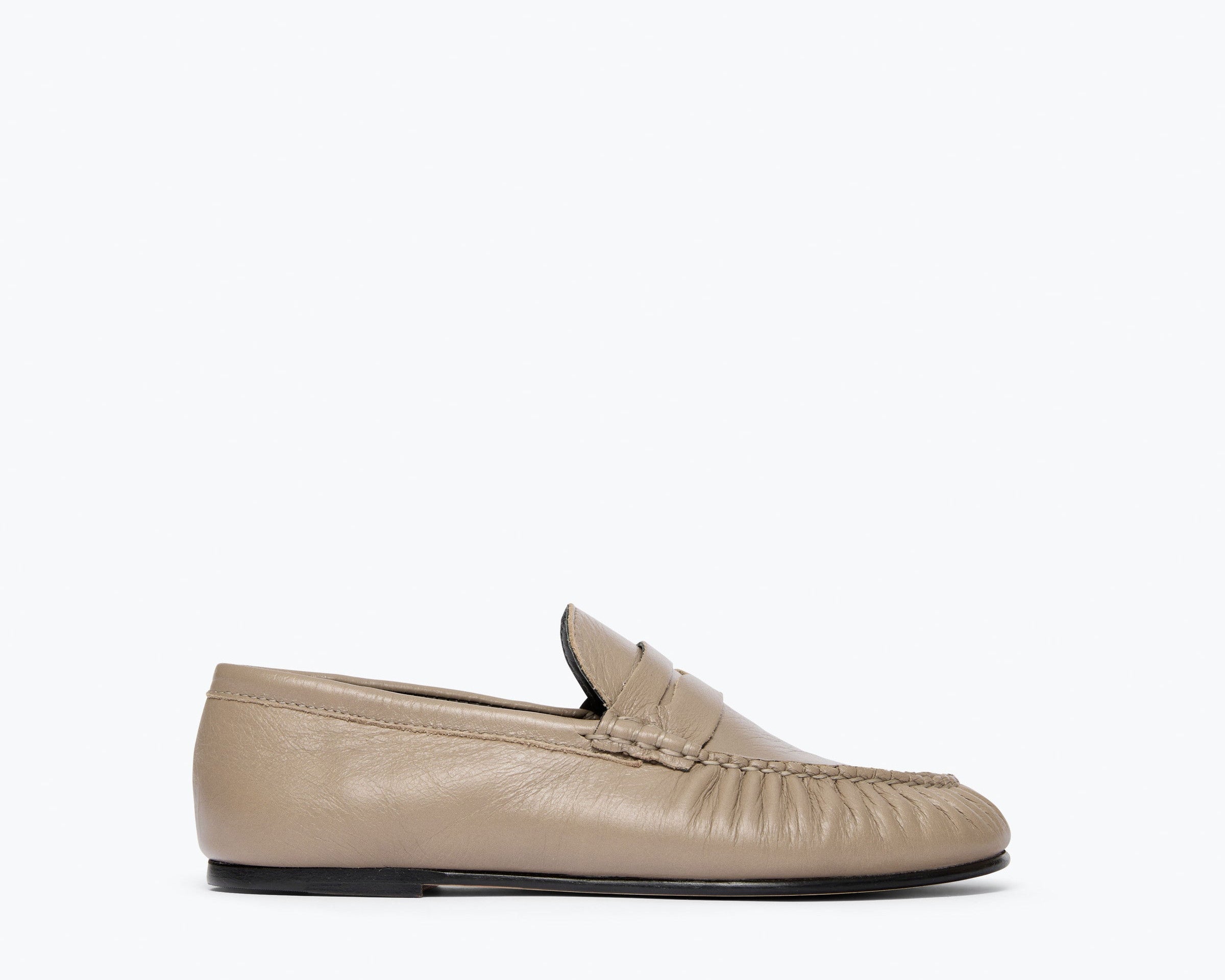 SYDNEY ruched penny loafer in mushroom crinkle calf leather, front view